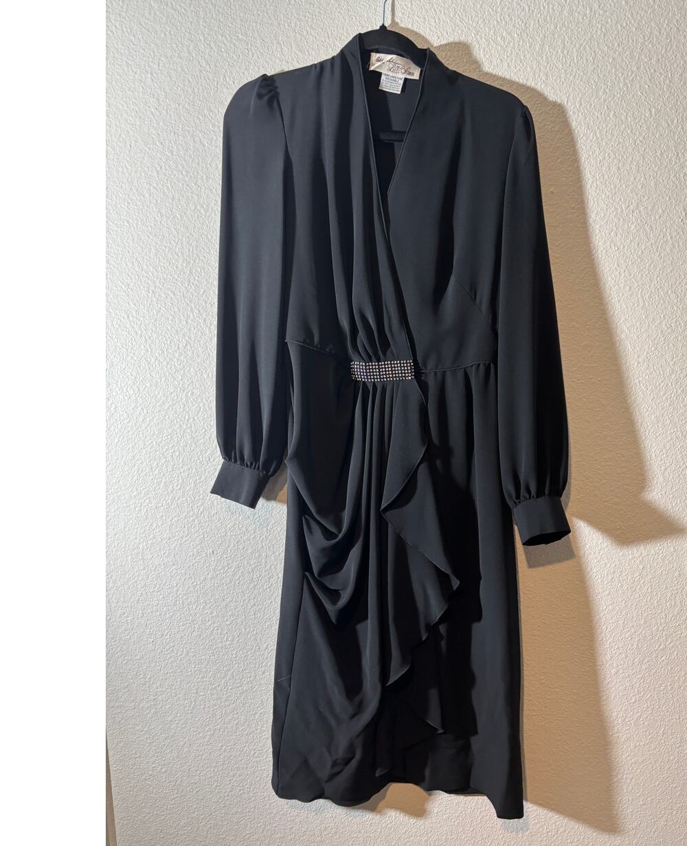Vintage Adolph Shuman Lilli Ann Size M Black Draped Long Sleeve Faux Wrap Dress